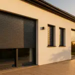 Façade de maison contemporaine avec volets roulants en aluminium anthracite (RAL 7016), partiellement ouverts.